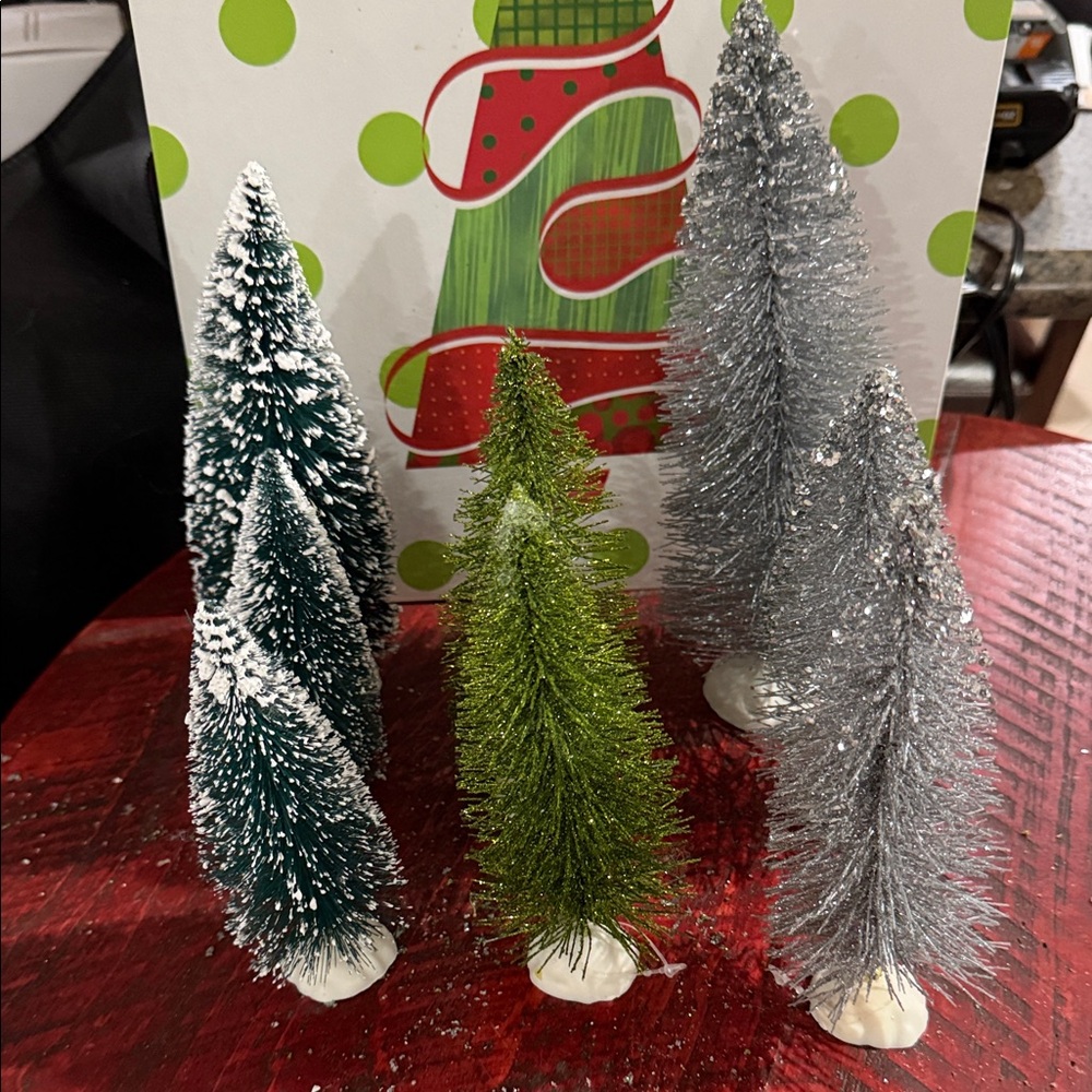 Festive Miniature Christmas Tree Set - Green, Silver and flocked green